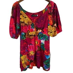 Jams World Vintage Floral Hawaiian Bordeaux Tunic Top Size Medium